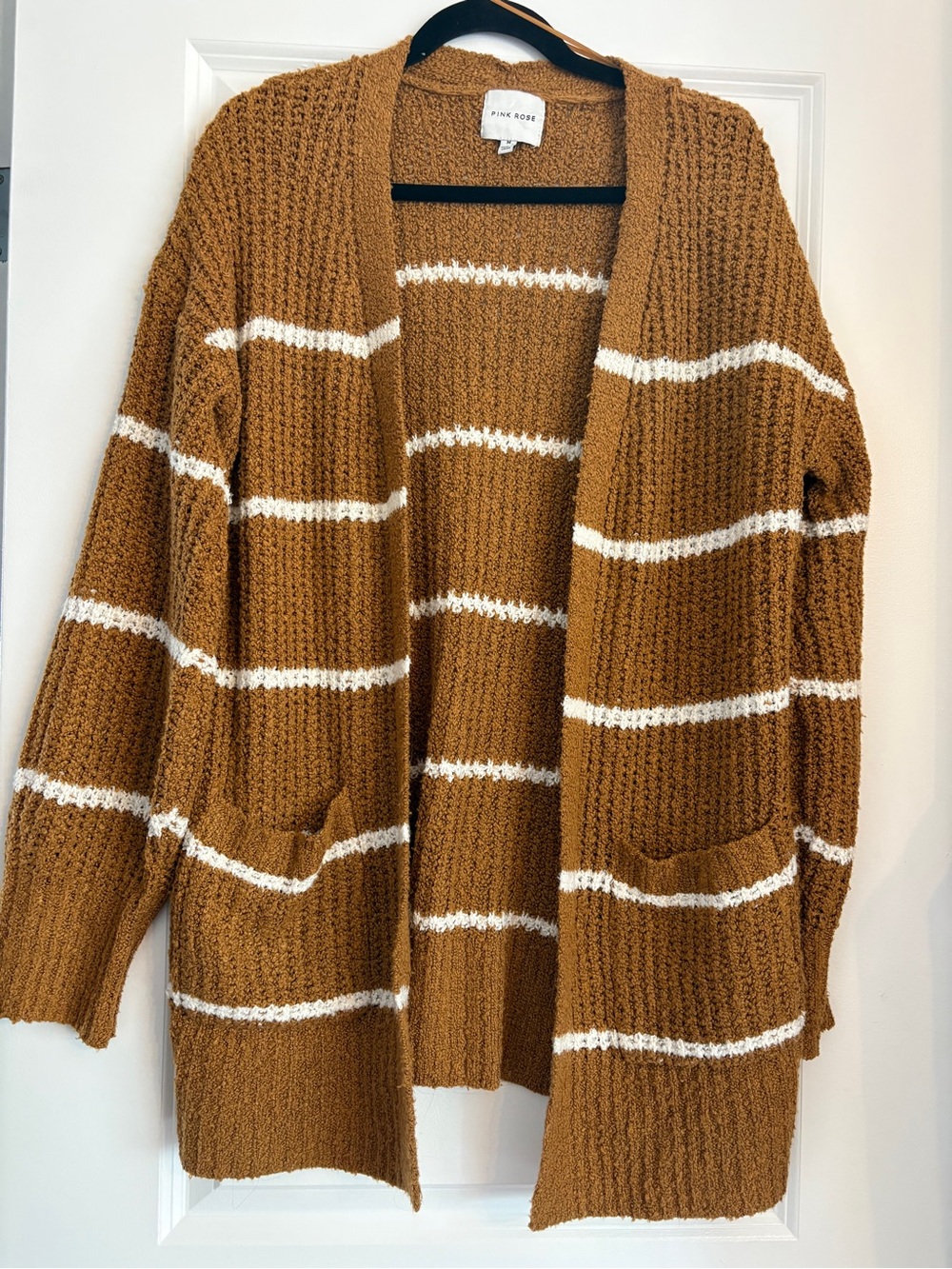 Pink Rose Mustard and White Striped Open-Front Cardigan